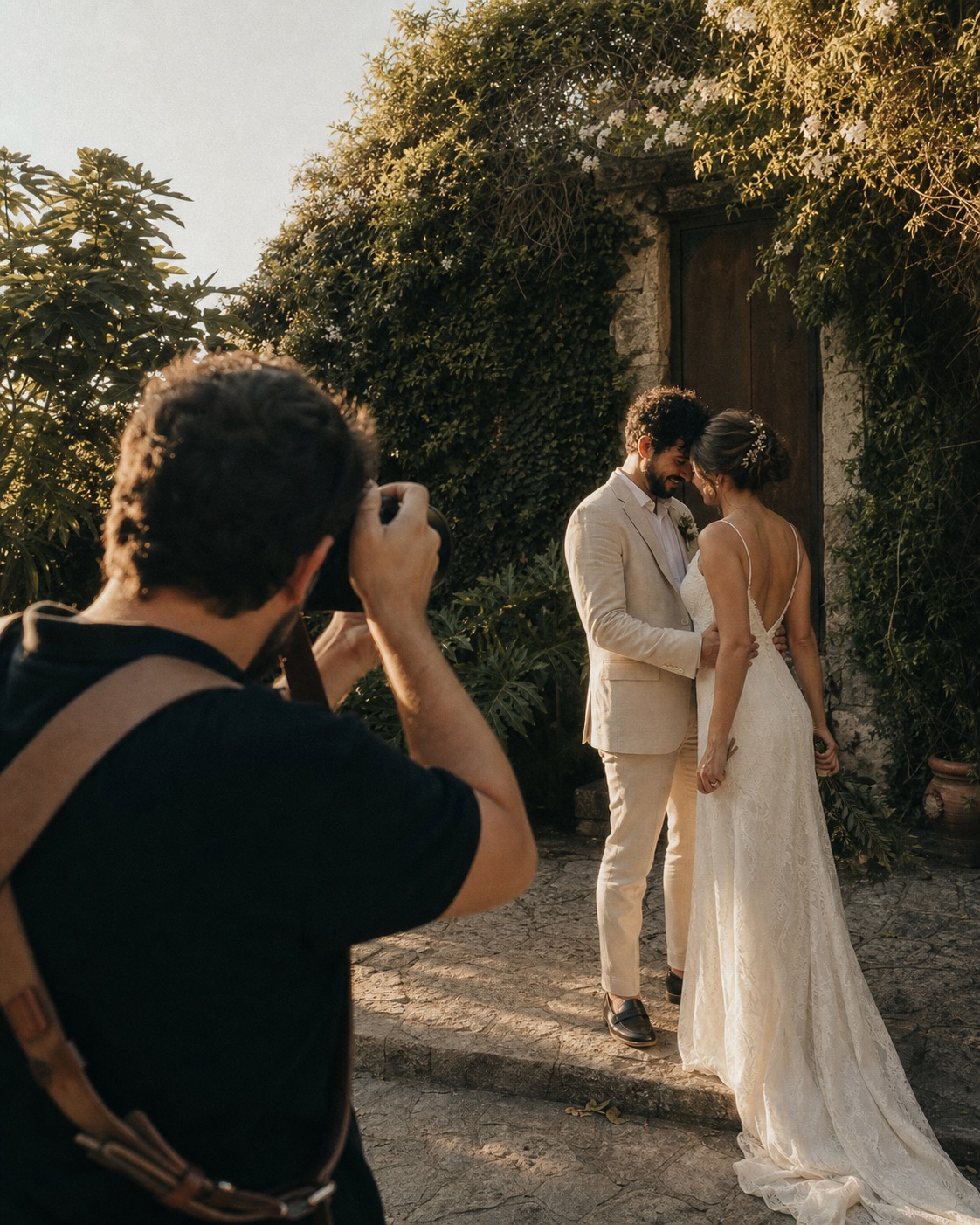 Fotógrafo registrando um casal durante um casamento ao ar livre